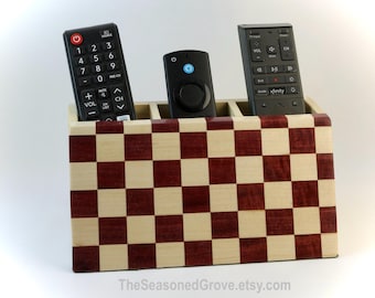 Wood TV Remote Control Holder Caddy for 3 Remotes. Game Control Holder. Checkerboard Pattern Handcrafted of Maple & Purpleheart.