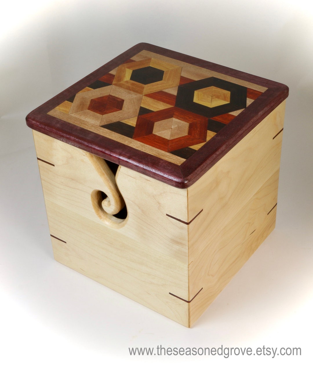 Wood Yarn Box With a Top Lid. Hexagon With Stripes Patterned Etsy