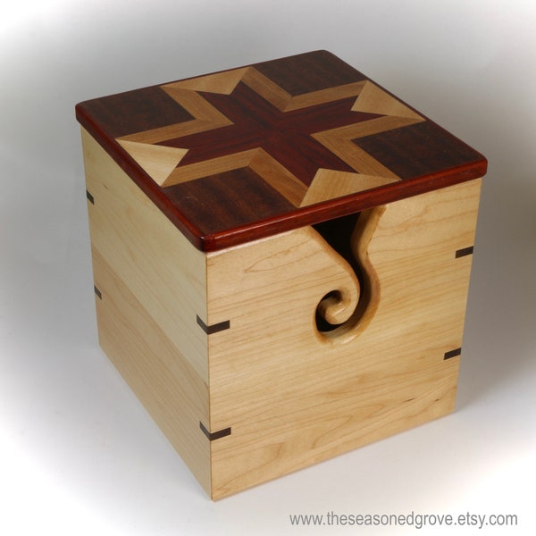 Wood Yarn Box with a Top Lid. 3D "X" Quilt Block Inspired Wood Marquetry Top. Handmade of Maple & Assorted Fine Hardwoods, No Stains Used.