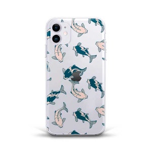 May include: A clear phone case with a pattern of white and blue koi fish. The case is designed for an iPhone with a camera bump.