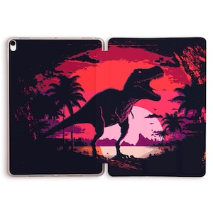 May include: A black and red illustration of a Tyrannosaurus Rex dinosaur standing in front of a sunset with palm trees. The dinosaur is silhouetted against the sunset.