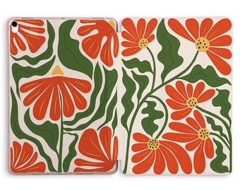 May include: A floral iPad case with a white background and a pattern of orange flowers and green leaves.
