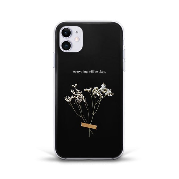 iPhone case Cute Flowers with Quote case for iPhone 14 Pro 13 12 11 XR Pixel 7 6 Galaxy S23 Trendy Aesthetic Floral Dark Design Girly cover