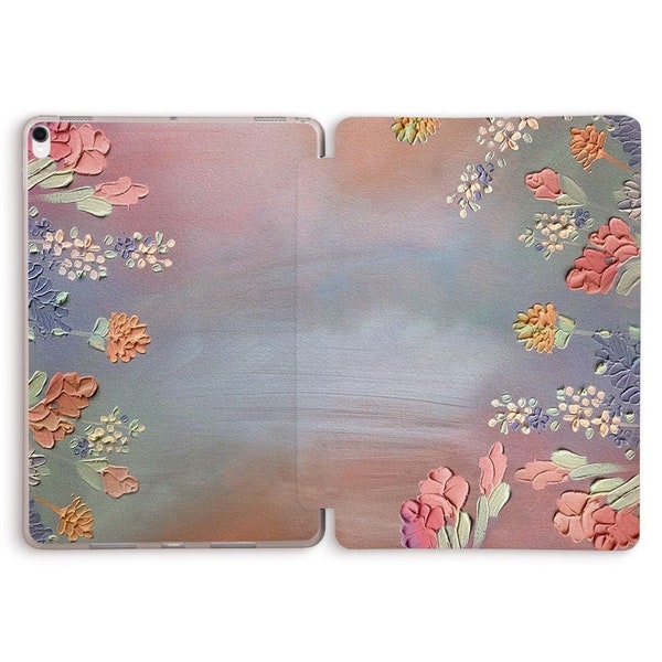 iPad case Aesthetic Art Cute Flowers case for iPad 10th 10.2 9th Air 5 10.9 Pro 11 12.9 10.5 9.7 Mini 6 Pink Blue Floral Oil Painting cover