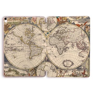 May include: An open tablet case featuring a vintage world map design. The map is in shades of beige, brown, and gold, with detailed illustrations and text. The case is open, revealing the interior and the map's intricate details.