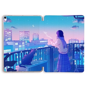 Custodia per iPad Custodia estetica Cute Girl Cat per iPad 10th 10.2 Air 5 4 Pro 11 12.9 10.5 9.7 Mini 6 Anime LoFi Style Trendy Blu Rosa City cover