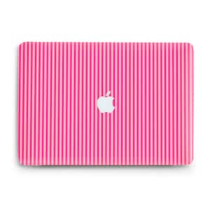 May include: A pink laptop case with a vertical striped pattern in varying shades of pink. The Apple logo is centered on the case. The case is rectangular and has rounded corners.