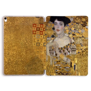May include: A portrait of a woman with dark hair and a gold background. The woman is wearing a gold necklace and a dress with a geometric pattern. The background is covered in gold circles and swirls.