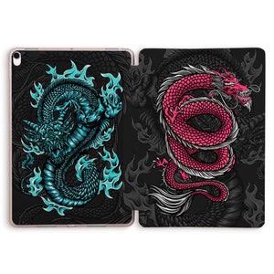 May include: A black background with two dragons, one blue and one pink, with flames around them.