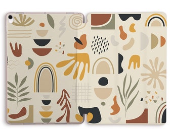 May include: A beige iPad case with a geometric pattern in shades of brown, yellow, and green. The pattern includes abstract shapes, leaves, and rainbows.