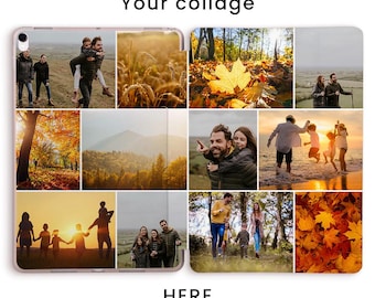 Puede incluir: Una funda para tableta con un collage de fotos familiares en varios entornos al aire libre. Las fotos muestran a personas caminando, jugando en la playa y disfrutando del follaje otoñal. El texto en la funda dice "Your collage" y "HERE."