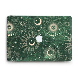 Macbook case Aesthetic Moon Emerald Green case for Macbook Air 13 Pro 13 M2 16 14 15 12 Stars Sun Celestial Dark Green Space Trendy cover