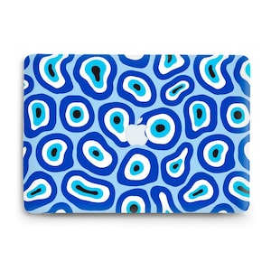 May include: A blue and white laptop skin with a pattern of evil eyes. The evil eyes are blue with white outlines and black pupils.
