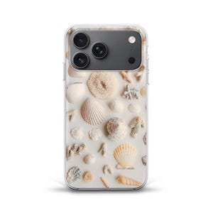 May include: A clear smartphone case featuring a printed pattern of various beige and white seashells, coral fragments, and sea urchin skeletons scattered across the back, with a large rectangular camera cutout at the top left corner.
