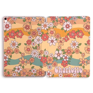 May include: An iPad case with a yellow and orange floral pattern and the name "Charlotte" in pink letters.