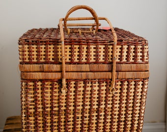 Vintage Picnic Basket | Very Large and Deep Dark Wicker | Top Handle | Rectangle