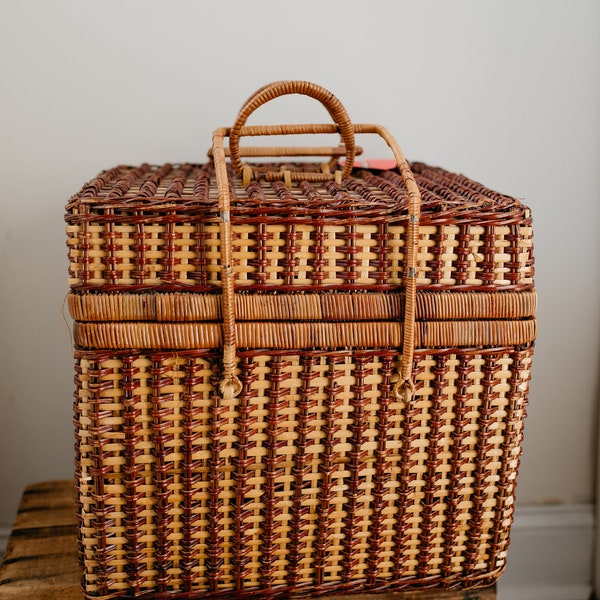 Vintage Picnic Basket | Very Large and Deep Dark Wicker | Top Handle | Rectangle