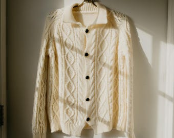Handmade Cream Cable Knit Button Cardigan Sweater Lightweight