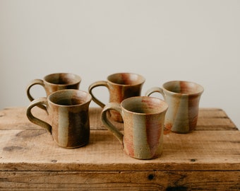 Vintage Handmade Pottery Mugs Set | Green, Red, Neutral Glazes | 5 Small Decorative Cups with Handles | Stoneware | Artisanal Ceramics