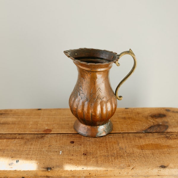 Egyptian Style Copper Metal and Brass Handled Pitcher | Handmade Etched Design | Decorative Use Only