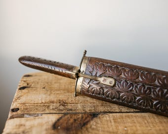 Vintage Hand-Carved Wood Turkey Carving Set with Brass Accents – Ornate Utensil Holder, Mid-Century