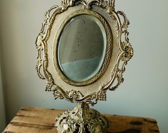 Antique Ornate Gold Tabletop Vanity Mirror with Foxed Glass