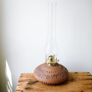 Handmade Ceramic Oil Lamp with Brass and Glass Chimney – Southwest Geometric Earthy Style