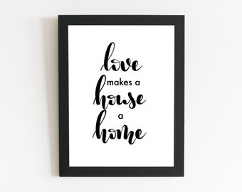 El amor hace que una casa sea un póster de tipografía para el hogar / Arte mural imprimible en la sala de estar / Impresiones de arte en el hogar / Póster de decoración de entrada