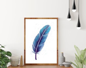 Watercolor Feather Art Print | Blue Feather Poster | Digital Download |