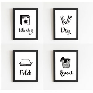 Wash Dry Fold Repeat Sign, Laundry Room Wall Art Printable, Set of 4, Laundry Area Wall Art