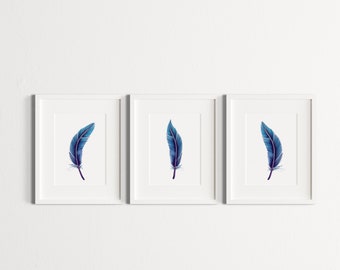 Set of 3 Gallery Wall Set | Watercolor Feather Art Print | Blue Feather Poster |