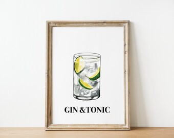 Gin och Tonic Cocktailtryck | Bardekorationsskylt | Signaturdrinkposter