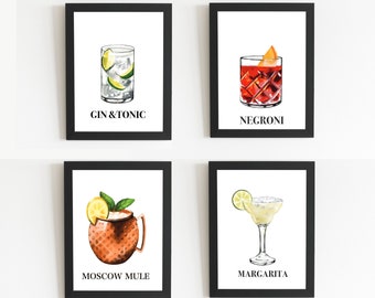Set med 4 cocktailtryck | Signaturdrinkskylt | Bardekoration för hemmet | Tavelvägg