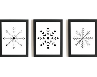 Set of 3 Snowflakes Print | Christmas Wall Art | Holiday Wall Decor | Modern Minimalist Home Decor | Black and White Print