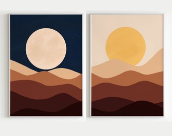 Set of 2 Boho Landscape Prints | Sun and Moon Prints | Earth Tone Landscape