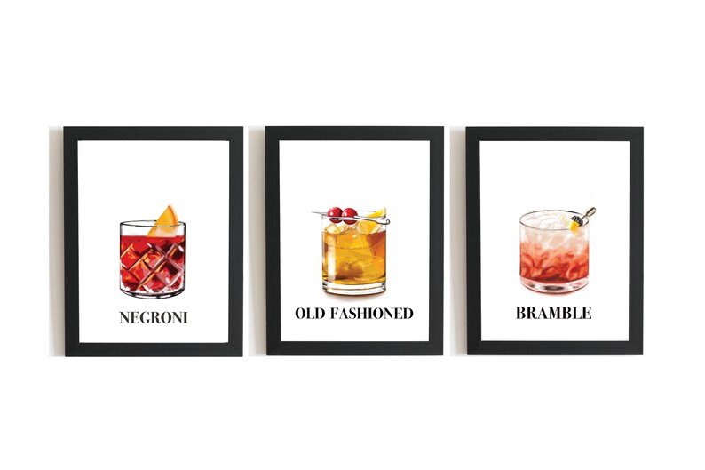 Set med 3 cocktailtryck | Signaturdrinkskylt | Bardekoration för hemmet | Tavelväggbar | 3-delad väggkonst bild 1