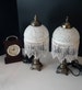 VINTAGE small glass lampshade table lamps with beaded fringe, metal base 