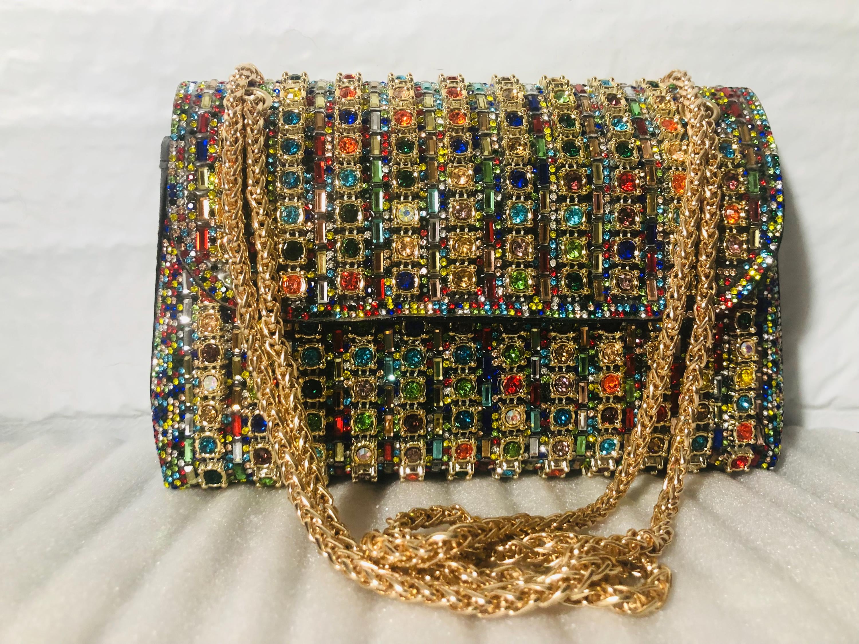 Rhinestone Handbag With Golden Chain – Multi Colored Glitzy Glamour ...