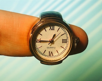 Round Face Ring Watches - Roman Numerals - Quartz Analog w/Second Hand - Fits up to Size 8 - Rose Gold Tone - Gifts Christmas