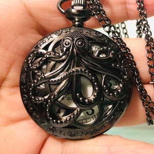 Pocket Watch - Men’s Black Gunmetal Watch with Chain - Nautical Octopus Design - Battery Powered - NEW