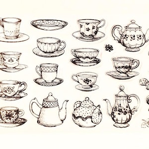 May include: A collection of hand-drawn teacups, saucers, teapots, and serving spoons. The illustrations are in black ink, with varying floral and patterned designs. The image is on a white background, creating a vintage aesthetic.