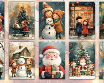 Retro Christmas Holiday Postcards - Santa with Snow- Colorful Images - Set of 10 - Size 6" x 4"