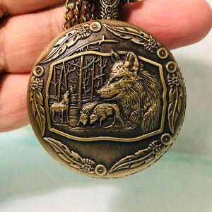 Pocket Watch - Men’s Bronze Tone Watch with Chain - The Wolf Pack Design - Battery Powered - NEW