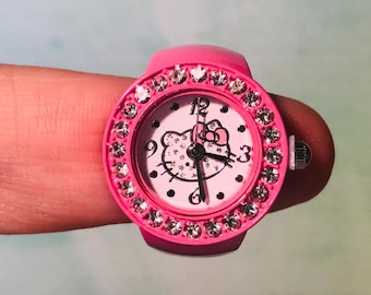 Watch Ring - Cat Face with Bow and Rhinestones - Choose Your Color - Fits up to Size 8 - Christmas Gifts - Mother&#39;s Day - Sweetest Day