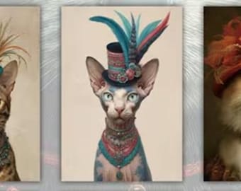 Cats in Hats and Collars Postcards or Note Cards - Different Breeds - Colorful - Set of 5 - Size 6" x 4"
