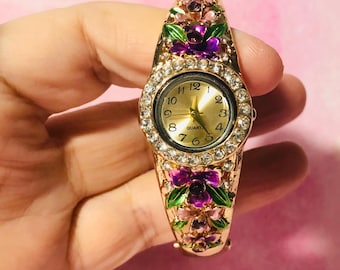 Women’s Bracelet Watch - Colorful Rose Petal w/Rhinestones - Quartz Analog - Gold Tone NEW