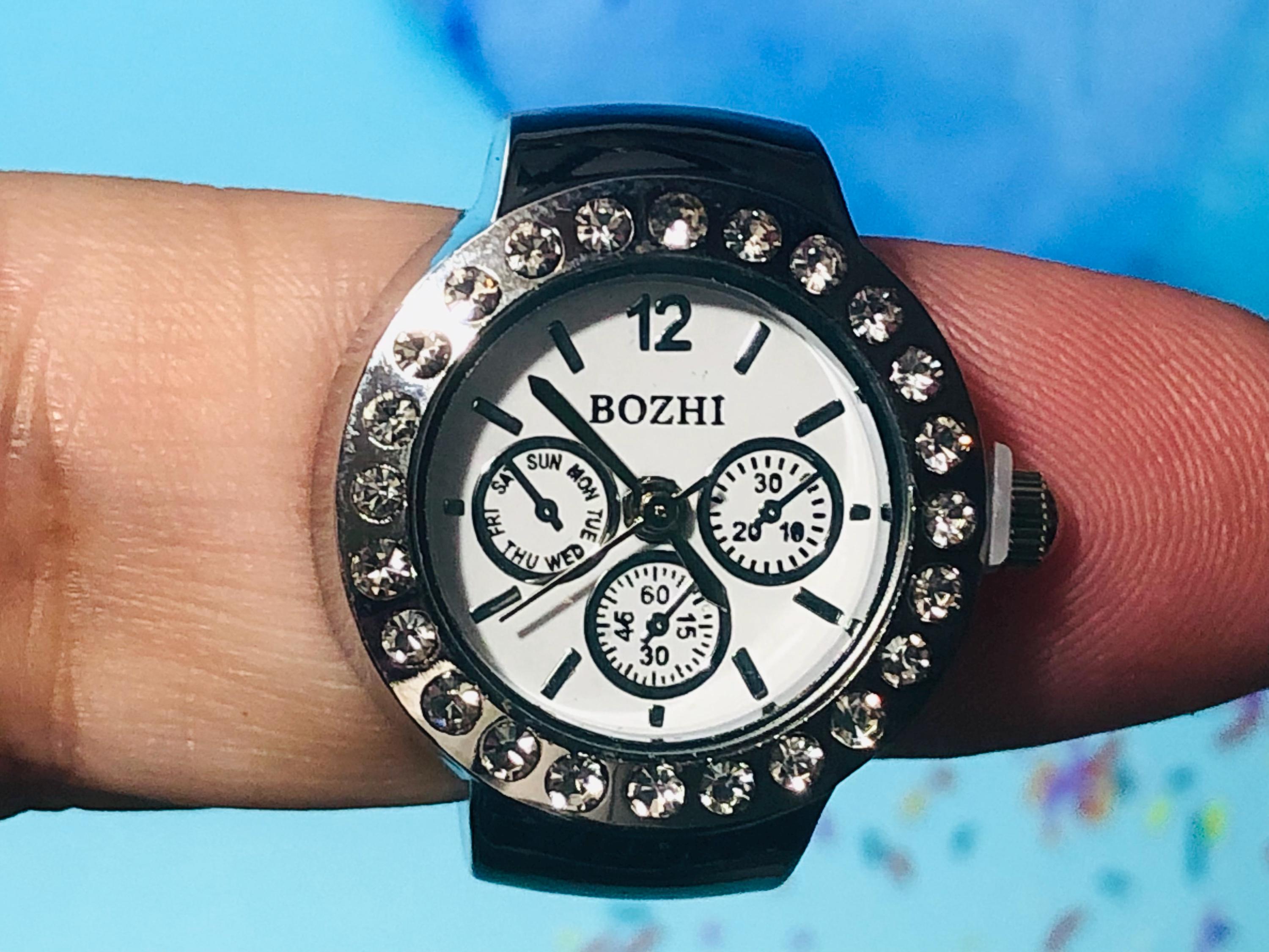 Bozhi Womens Ring Watch Silver Rhinestone Bezel Quartz New Battery Stretch Band Bozhi Ring Watch Womens 20mm Hidden Dial Yellow Crystal  main image 3