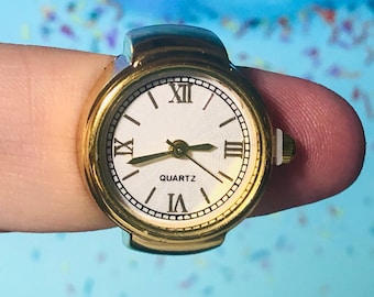Round Face Ring Watches - Roman Numerals - Quartz Analog w/Second Hand - Fits up to Size 8 - Gold Tone - Gifts Christmas