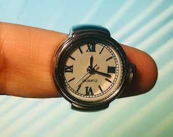 Round Face Ring Watches - Roman Numerals - Quartz Analog w/Second Hand - Fits up to Size 8 - Silver Tone - Gifts Christmas