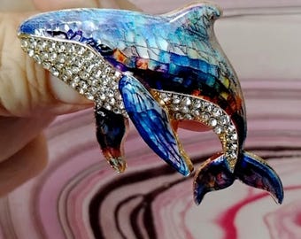 Humpback Whale Rhinestone and Acrylic Painted Brooch - Straight Pin Closure - Choose your color.